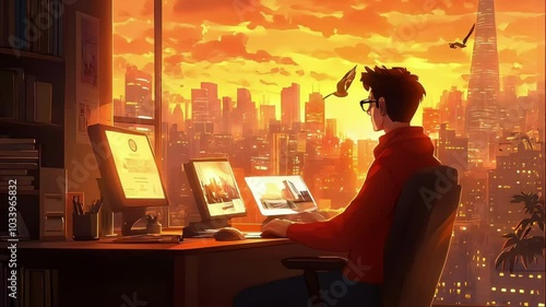 Male, young adult, focusing on work at his desk with a sunset city view.