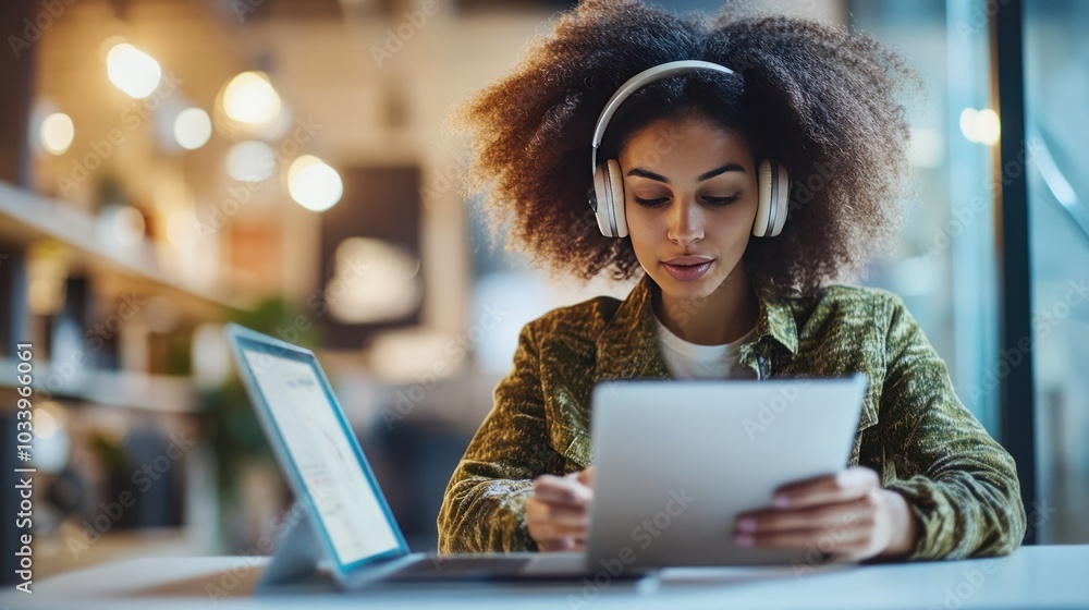 young woman sitting at a modern desk, intently using a tablet young woman sitting at a modern desk, intently using a tablet