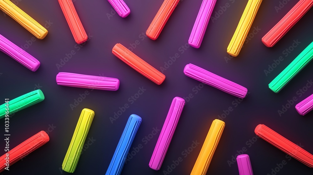 Floating highlighters in various neon colors, glowing in a dark room, vibrant shadows, 3D illustration Floating highlighters in various neon colors, glowing in a dark room, vibrant shadows, 3D illustration