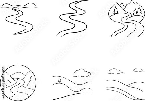 Simple Line Art Landscapes With Winding River