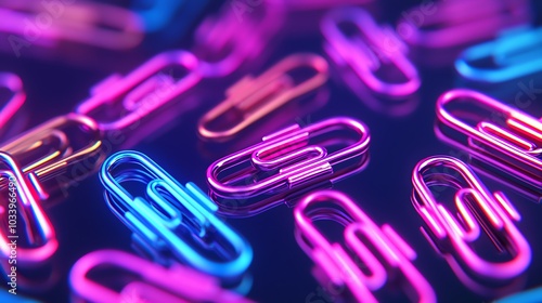 Floating paper clips arranged in a creative spiral pattern, glowing softly under vibrant lighting, closeup photo