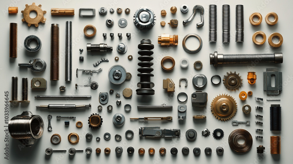 Fototapeta premium Industrial Metal Parts and Hardware Components on White Background