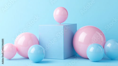 Abstract Pastel Pink and Blue Balloons and Cube on Light Blue Background