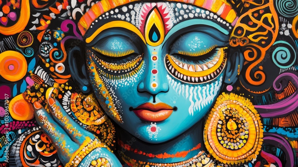 A modern painting of Krishna in African tribal style, incorporating bold patterns and vibrant colors A modern painting of Krishna in African tribal style, incorporating bold patterns and vibrant colors
