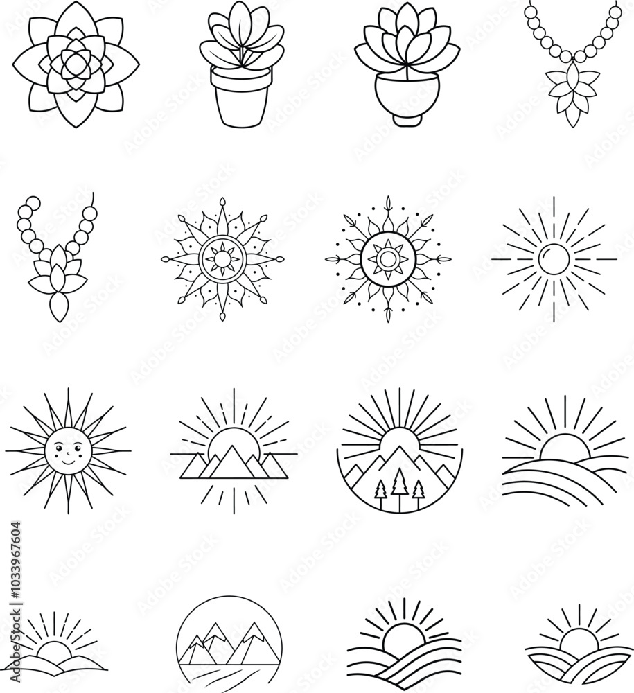 Obraz premium Line Art Sun, Mountain, Flower, and Jewelry Designs