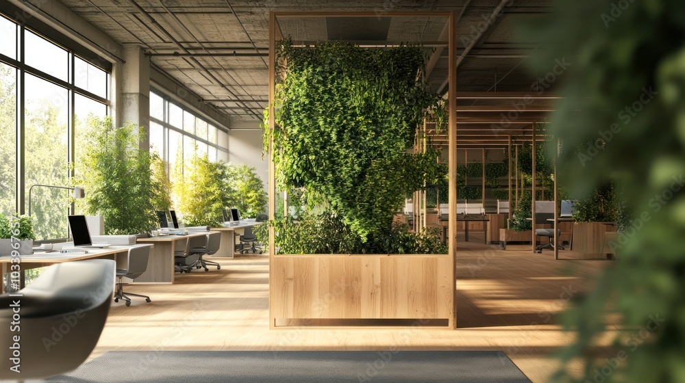 Modern office space with green living walls, natural wood accents, and abundant sunlight, creating a serene and eco-friendly work environment. Modern office space with green living walls, natural wood accents, and abundant sunlight, creating a serene and eco-friendly work environment.