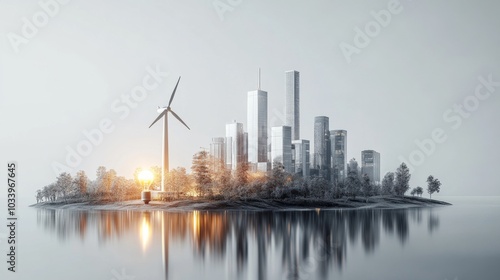 Futuristic City Island with Wind Turbine