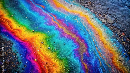 Abstract rainbow oil stain on asphalt aerial view background