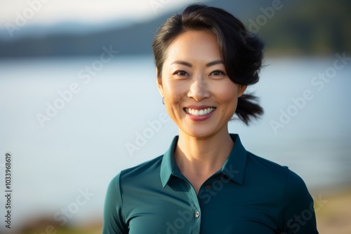 Portrait of a grinning asian woman in her 40s wearing a breathable golf polo isolated in calm bay background photo