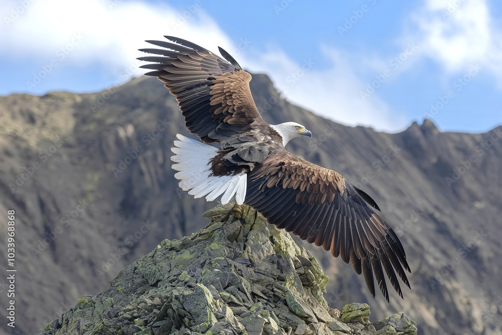 Fototapeta premium An eagle perched on a mountain rock