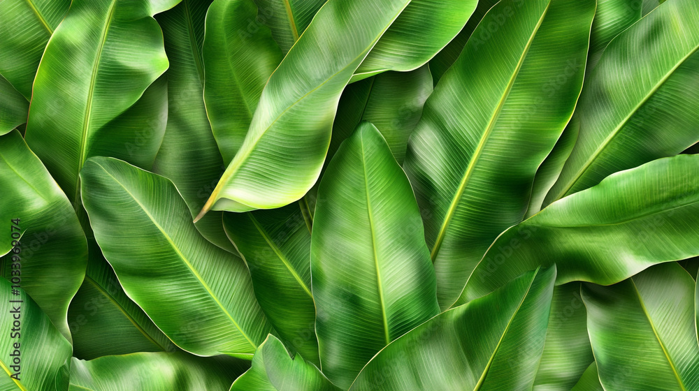 A close up of banana green leaves with a lush green background. A close up of banana green leaves with a lush green background.
