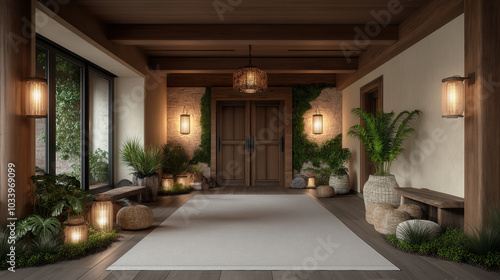 A cozy hallway with dark wooden furniture, soft lighting from a hanging chandelier, and rustic decor