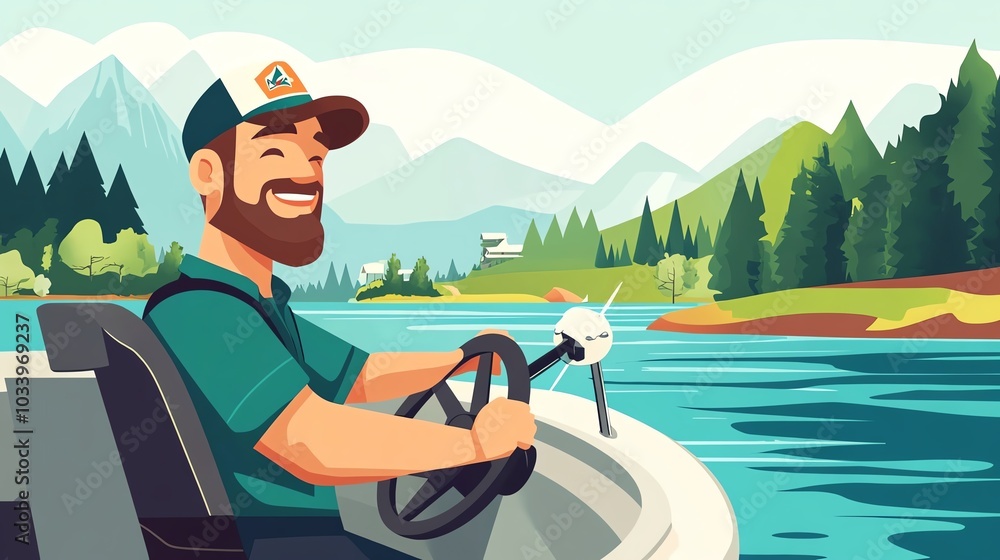 Smiling man in a boat enjoying a peaceful day on the lake surrounded by mountains. Smiling man in a boat enjoying a peaceful day on the lake surrounded by mountains.