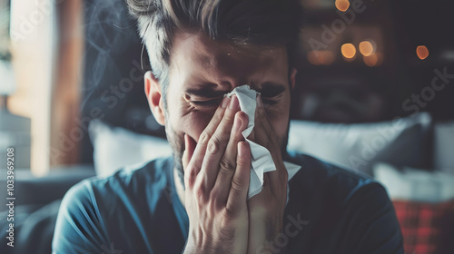 Portrait of a sick man sneeze and snort his nose out, man with infection or a alergic reaction blow his nose with a tissue out.