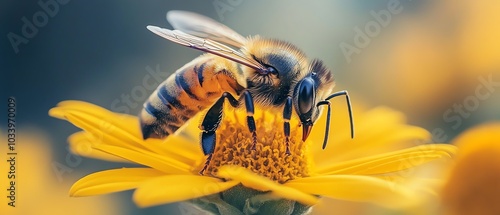 Intricate closeup of a large striped bee gathering nectar from a vibrant yellow flower on a sunny day, celebrating the beauty of nature and its pollinators