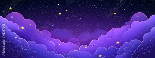 Dark purple background, cartoon-style illustration with simple clouds and stars, cute clouds, purple sky, pink sunset