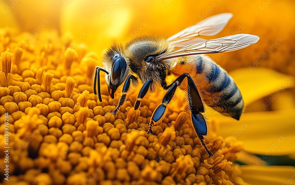 Large striped bee at work on a vibrant yellow flower under the sun, captured in stunning detail, showcasing the beauty of nature and the art of pollination Large striped bee at work on a vibrant yellow flower under the sun, captured in stunning detail, showcasing the beauty of nature and the art of pollination
