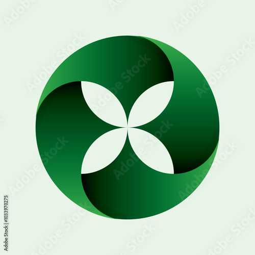 A circular logo vector featuring a symmetrical design with four green petals or leaf shapes. 