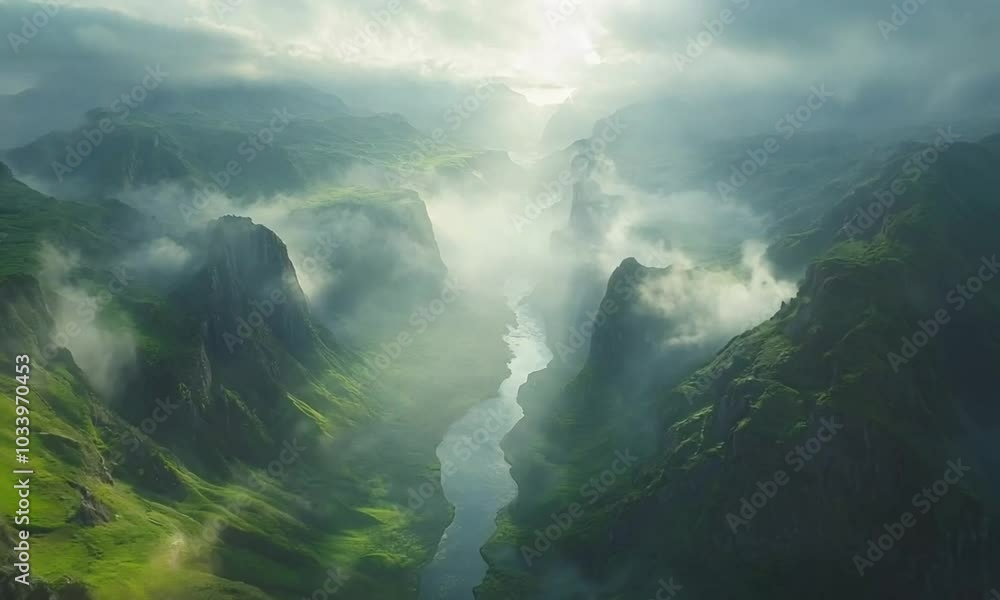 Aerial view of sunrise in the misty place. Foggy golden sunset in mountains. Flying over green trees valley. Morning mist, country fields, sun rising above the horizon. Scenic nature landscape Aerial view of sunrise in the misty place. Foggy golden sunset in mountains. Flying over green trees valley. Morning mist, country fields, sun rising above the horizon. Scenic nature landscape