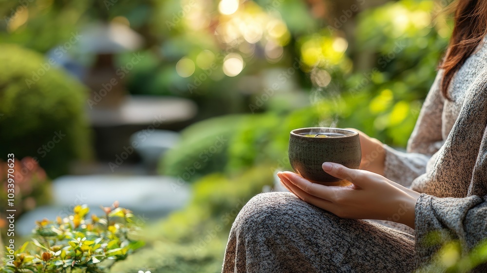 A person enjoying a fermented drink while sitting in a serene garden, promoting both health and relaxation A person enjoying a fermented drink while sitting in a serene garden, promoting both health and relaxation