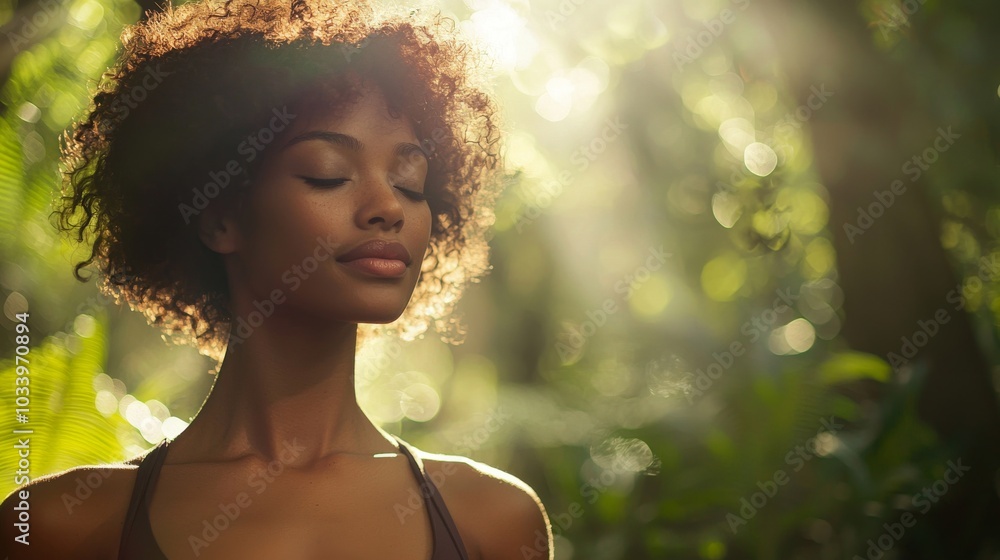 Serenity in Nature, Woman Meditating in Sunlit Forest, Peaceful Outdoor Moment Serenity in Nature, Woman Meditating in Sunlit Forest, Peaceful Outdoor Moment