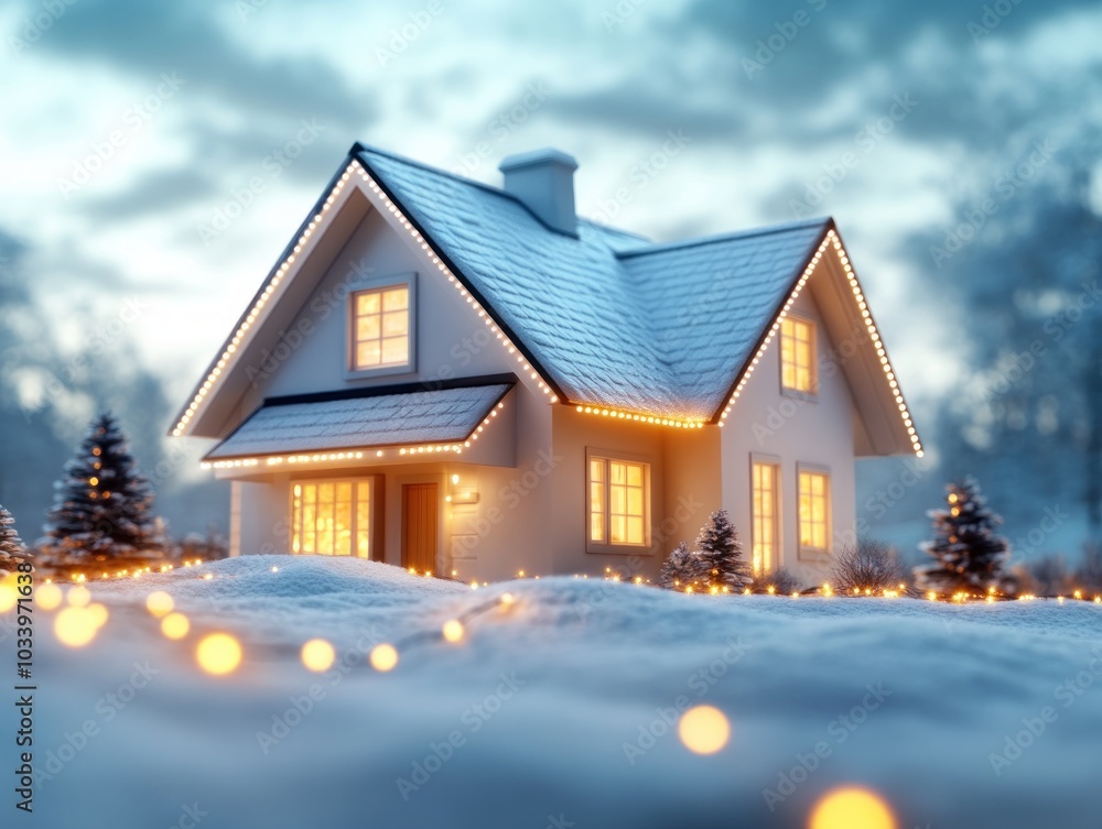 Festive Holiday Home Glowing Brightly with String Lights, Creating a Warm and Cheerful Brightness The perfect winter wonderland scene with a house adorned in twinkling lights, radiating holiday cheer Festive Holiday Home Glowing Brightly with String Lights, Creating a Warm and Cheerful Brightness The perfect winter wonderland scene with a house adorned in twinkling lights, radiating holiday cheer