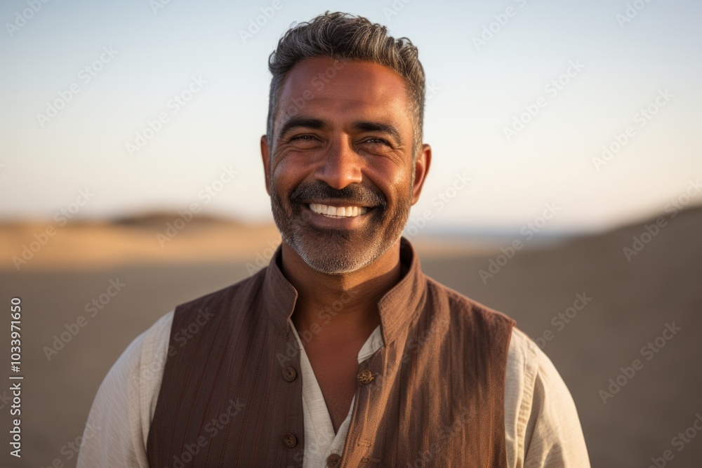 Portrait of a smiling indian man in his 40s dressed in a breathable mesh vest over serene dune landscape background Portrait of a smiling indian man in his 40s dressed in a breathable mesh vest over serene dune landscape background