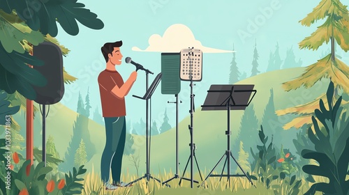 A man singing outdoors surrounded by trees and nature. photo