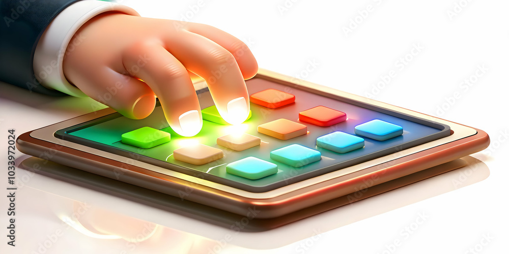 Macro Shot of Fingers Using a Futuristic Touchpad in a Business Meeting, Glowing Background Highlights Cutting Edge Technology, Collaboration, and Advertising Space Macro Shot of Fingers Using a Futuristic Touchpad in a Business Meeting, Glowing Background Highlights Cutting Edge Technology, Collaboration, and Advertising Space