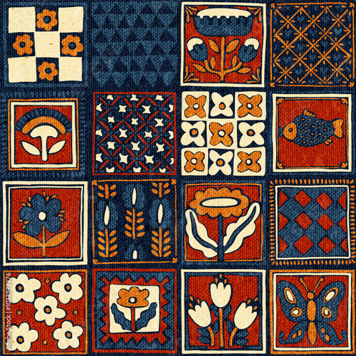 Seamless abstract pattern. Doodle style tile. Patchwork ornament in a naive style. Vector illustration.