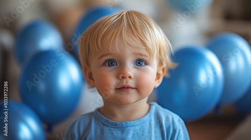 Happy Child with Blue Balloons at a Festive Celebration