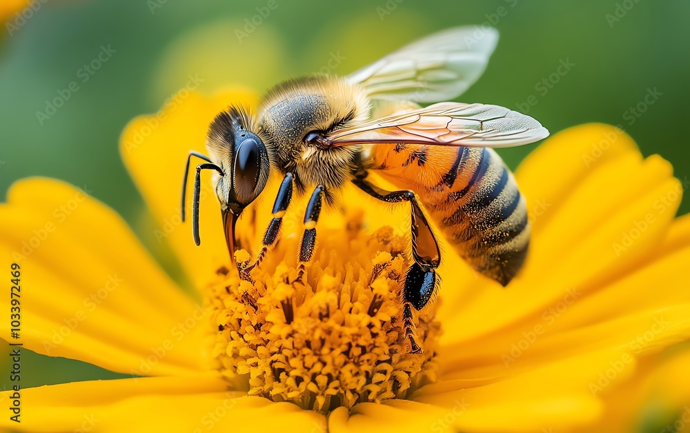 Vibrant scene of a large striped bee on a bright yellow flower, gathering nectar on a sunny day, emphasizing the intricate details of nature and pollination Vibrant scene of a large striped bee on a bright yellow flower, gathering nectar on a sunny day, emphasizing the intricate details of nature and pollination