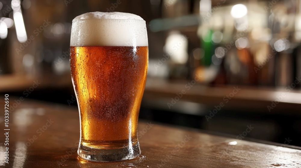 A pint of beer with a frothy head sitting on a bar counter, with condensation on the glass A pint of beer with a frothy head sitting on a bar counter, with condensation on the glass