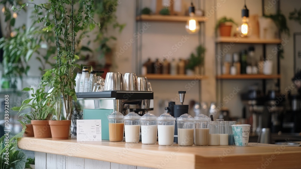 A plant-based milk tasting setup offering customers a chance to explore different flavors and types A plant-based milk tasting setup offering customers a chance to explore different flavors and types