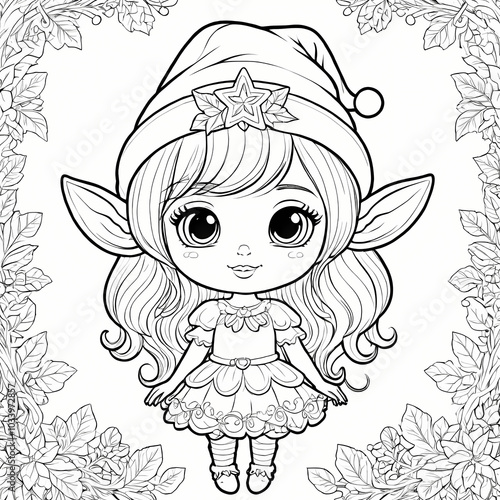 Cute Kawaii Elves with Christmas Hat Coloring Book Page