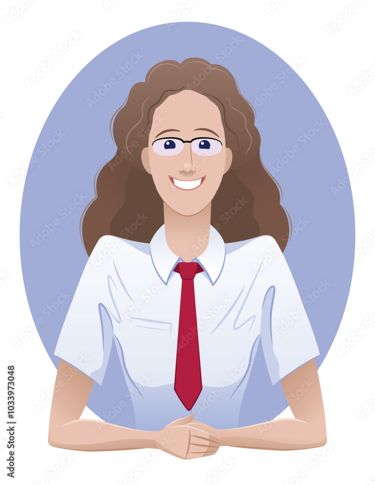 Business Assistant Portrait. A cartoon portrait of a young woman in the role of a business assistant. Illustration with a flat graphics style and simple aesthetic on the theme of Business Personnel. Business Assistant Portrait. A cartoon portrait of a young woman in the role of a business assistant. Illustration with a flat graphics style and simple aesthetic on the theme of Business Personnel.