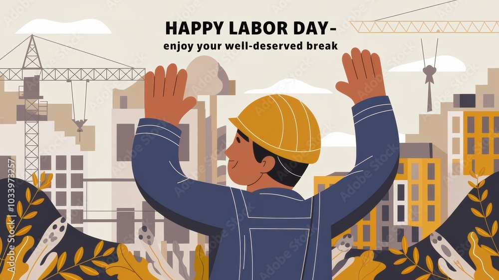 Labor Day Celebration: A Construction Worker with Raised Hands Against a City Skyline in Warm Tones, Ideal for Festive Announcements Labor Day Celebration: A Construction Worker with Raised Hands Against a City Skyline in Warm Tones, Ideal for Festive Announcements
