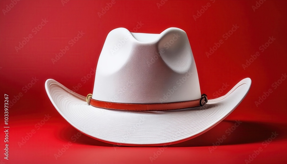 Elegant White Cowboy Hat with Red Leather Band on Vibrant Red Background. Iconic Western Headwear for Ranch Lifestyle, Fashion Shoots, Rodeo Branding, Country Events, and Americana Themed Designs Elegant White Cowboy Hat with Red Leather Band on Vibrant Red Background. Iconic Western Headwear for Ranch Lifestyle, Fashion Shoots, Rodeo Branding, Country Events, and Americana Themed Designs