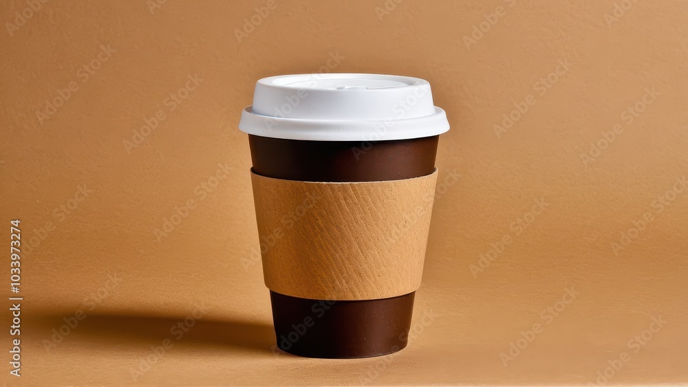 Elegant Dark Coffee Cup with Brown Sleeve against Warm Background Elegant Dark Coffee Cup with Brown Sleeve against Warm Background