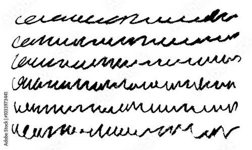 Hand-drawn wavy lines. Black lines drawn with wax pencil, chalk texture, grunge brushes. Vector set isolated on white background.