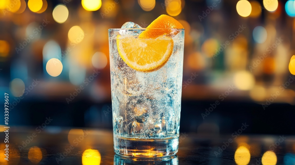 A refreshing low-alcohol cocktail with a splash of soda and a twist of citrus, set against a lively bar background A refreshing low-alcohol cocktail with a splash of soda and a twist of citrus, set against a lively bar background