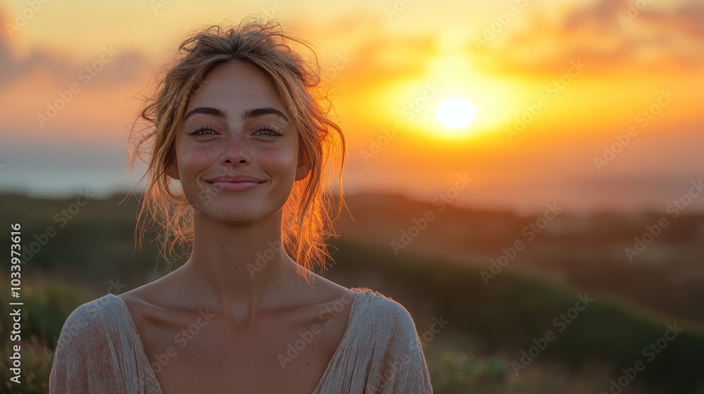 A woman smiles during a sunset, capturing a serene moment. A woman smiles during a sunset, capturing a serene moment.