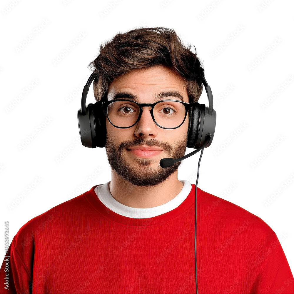 Man in glasses with headset, red shirt, white background, ready for online communication or gaming session Isolated on white background or PNG Man in glasses with headset, red shirt, white background, ready for online communication or gaming session Isolated on white background or PNG