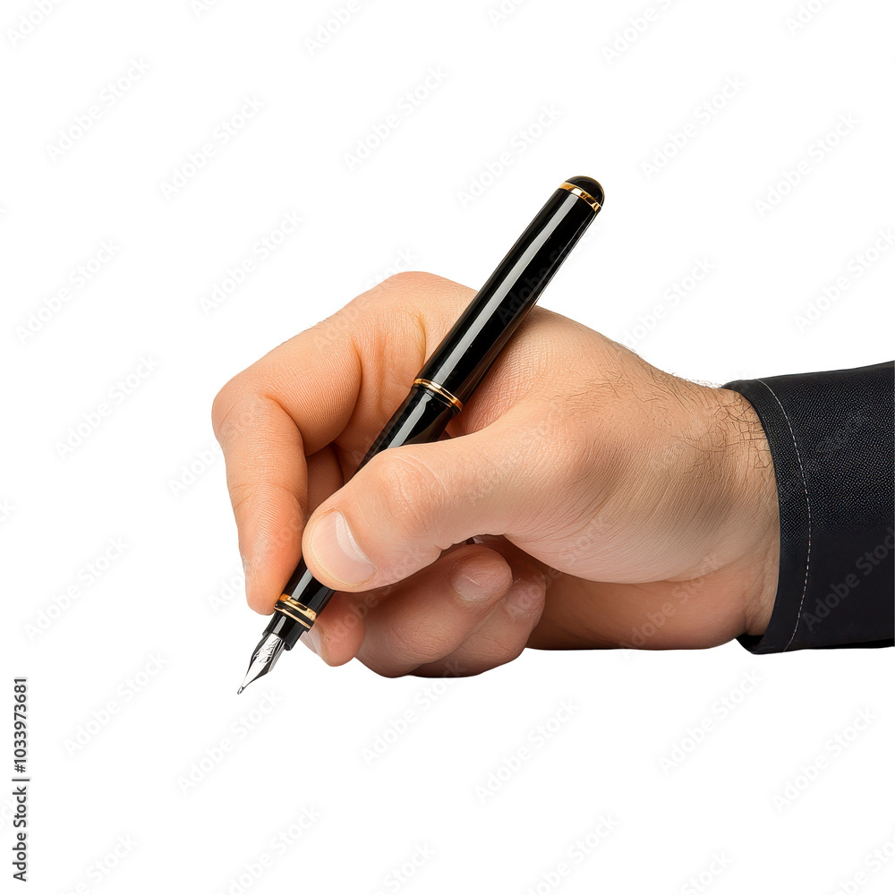 Handwriting with fountain pen, elegant black and gold design, poised on blank surface, focus on traditional craftsmanship Isolated on white background or PNG Handwriting with fountain pen, elegant black and gold design, poised on blank surface, focus on traditional craftsmanship Isolated on white background or PNG