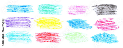 Set of frames drawn with wax pencil. Colorful strokes, chalk texture, charcoal drawing, careless children's drawing. Collection of vector design elements highlighted on white background.