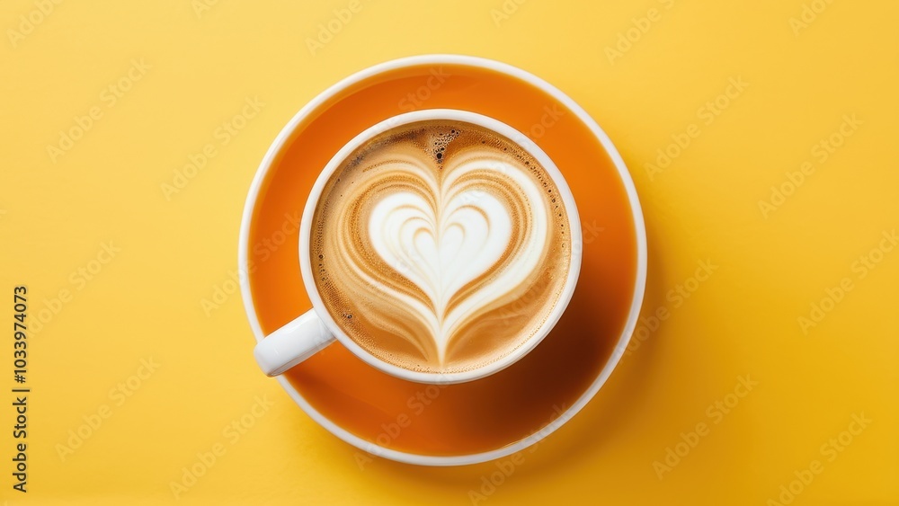 Heart-Shaped Latte Art in Coffee Cup with Yellow Background Heart-Shaped Latte Art in Coffee Cup with Yellow Background