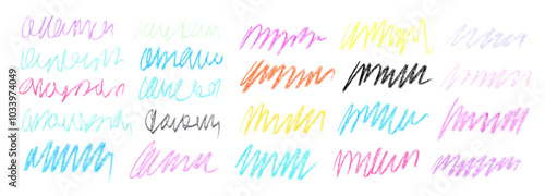 Set of strokes drawn with wax pencil. Color doodles, chalk texture, charcoal drawing, careless children's drawing. Collection of vector design elements highlighted on white background.