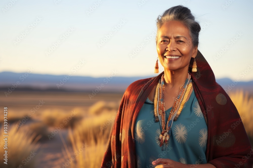Portrait of a satisfied indian woman in her 60s wearing a chic cardigan isolated on serene dune landscape background