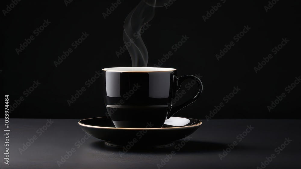 Stylish Black Coffee Mug with Visible Steam Against a Dark Background Stylish Black Coffee Mug with Visible Steam Against a Dark Background