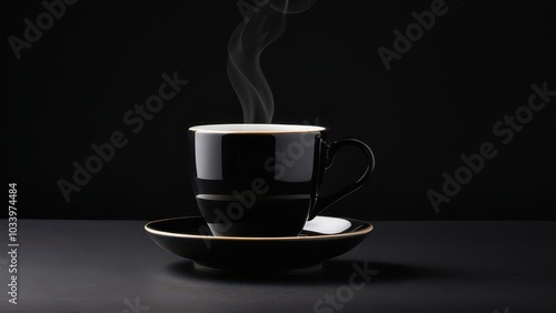 Stylish Black Coffee Mug with Visible Steam Against a Dark Background